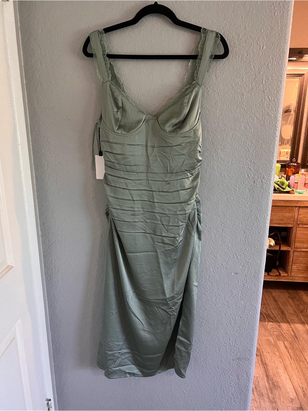 Astr Lace-Trim Satin Ruched Midi Dress in Sage Green - Picture 7 of 9